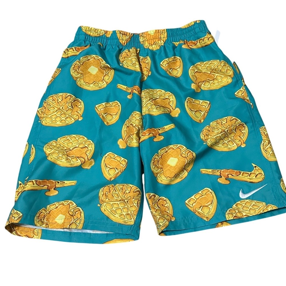 Nike Kids Boys Swim Trunks Size L Blue Waffle Print Elastic Waist - Picture 1 of 10